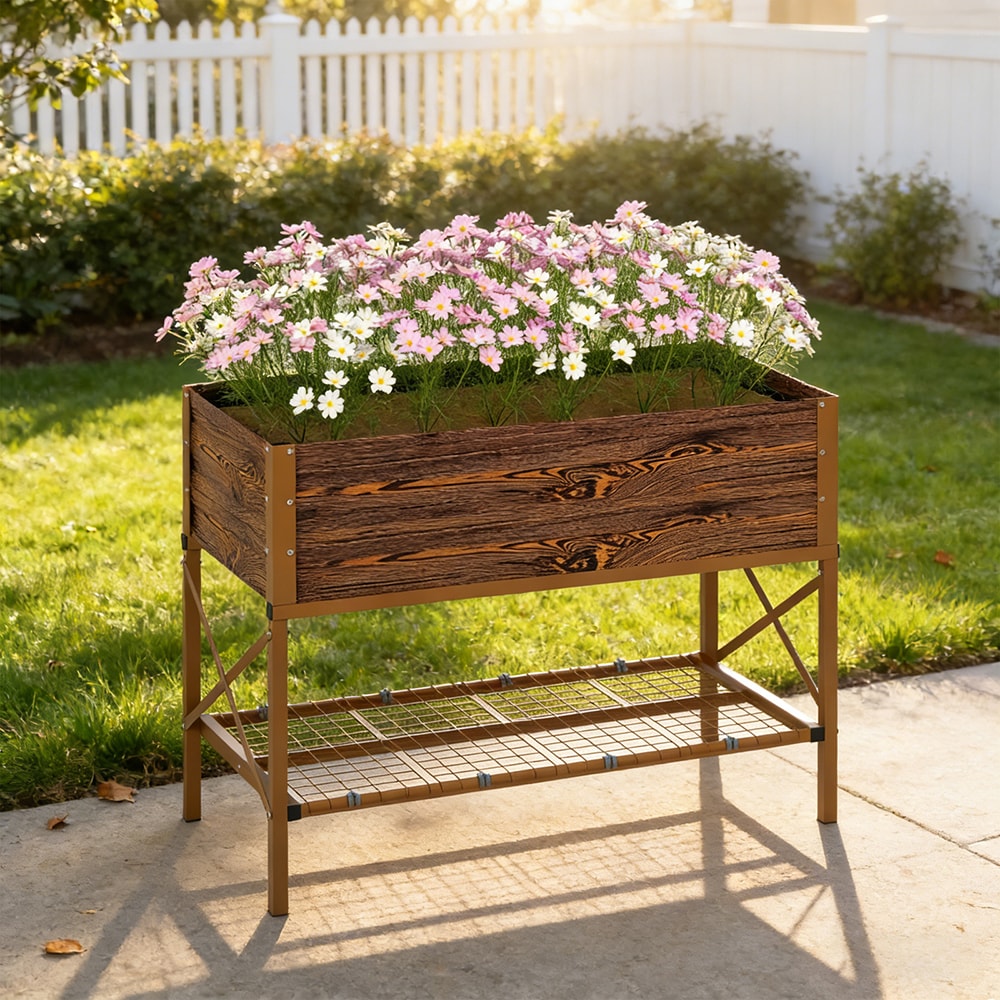 Galvanized Raised Garden Bed, Metal Planter Box With Legs, Storage Shelf And Bed Liner, Dark Brown_voghion.com